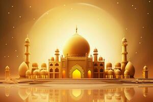 3d Illustration von eid Mubarak Hintergrund mit Moschee und golden Laternen. ai generiert Profi Foto