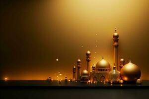 3d Illustration von eid Mubarak Hintergrund mit Moschee und golden Laternen. ai generiert Profi Foto