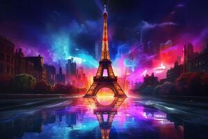 Eiffel Turm im Neon- Stil auf das Hintergrund von das Nacht Himmel, Eiffel Turm beim Nacht im Paris, Frankreich. ai generiert Profi Foto