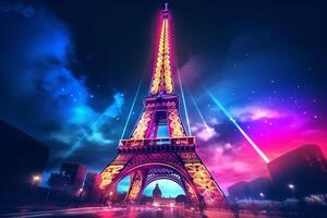 Eiffel Turm im Neon- Stil auf das Hintergrund von das Nacht Himmel, Eiffel Turm beim Nacht im Paris, Frankreich. ai generiert Profi Foto