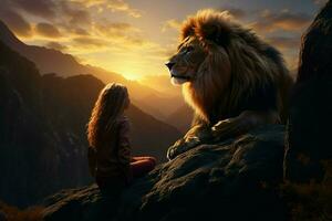 Löwe und Frau auf das oben von das Berg beim Sonnenuntergang. ai generiert Profi Foto