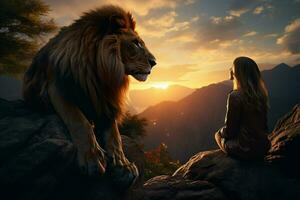 Löwe und Frau auf das oben von das Berg beim Sonnenuntergang. ai generiert Profi Foto