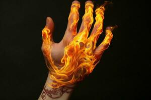 Hand mit Feuer auf ein schwarz Hintergrund. Nahansicht von Mensch Hand. ai generiert Profi Foto