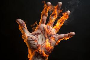 Hand mit Feuer auf ein schwarz Hintergrund. Nahansicht von Mensch Hand. ai generiert Profi Foto