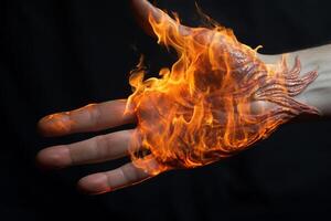 Hand mit Feuer auf ein schwarz Hintergrund. Nahansicht von Mensch Hand. ai generiert Profi Foto