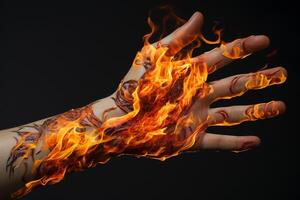 Hand mit Feuer auf ein schwarz Hintergrund. Nahansicht von Mensch Hand. ai generiert Profi Foto