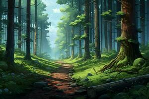 Fantasie Wald mit alt Bäume und Stufen. frisch Grün Wald mit Felsen und Bäume. ai generiert Profi Foto