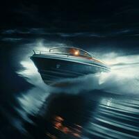 Luxus Yacht im das Meer auf ein dunkel Hintergrund, Schnellboot auf das Wasser mit Bewegung verwischen Wirkung, extrem Sport. ai generiert Profi Foto