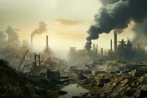 industriell Rauch steigend von das Schornsteine von ein Öl Raffinerie. Verschmutzung von das Umfeld. global Erwärmen Konzept. ai generiert Profi Foto