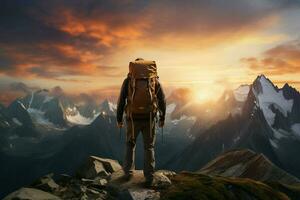 Wanderer auf das oben von das Berg beim Sonnenuntergang. Reise und Abenteuer Konzept. ai generiert Profi Foto
