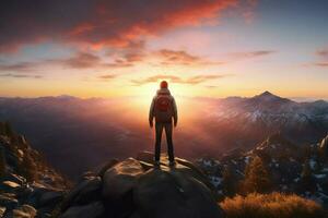 Wanderer auf das oben von das Berg beim Sonnenuntergang. Reise und Abenteuer Konzept. ai generiert Profi Foto