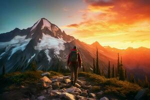 Wanderer auf das oben von das Berg beim Sonnenuntergang. Reise und Abenteuer Konzept. ai generiert Profi Foto