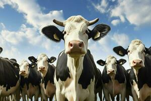 Herde von schwarz und Weiß Kühe im ein Reihe auf ein Bauernhof. Herde von Kühe im ein Wiese auf ein sonnig Tag. ai generiert Profi Foto