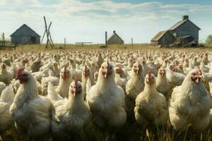 Hühner auf traditionell kostenlos Angebot Geflügel Bauernhof. Hühner auf das Bauernhof. selektiv Fokus. Natur. ai generiert Profi Foto
