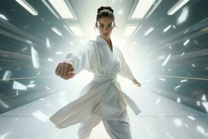 jung entschlossen Karate Frau im Weiß Kimono Kampf im futuristisch Zimmer. ai generiert Profi Foto