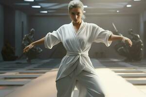 jung entschlossen Karate Frau im Weiß Kimono Kampf im futuristisch Zimmer. ai generiert Profi Foto