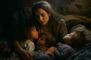 Mutter mit zwei Kinder Schlafen im Bett beim heim. das Konzept von Familie Beziehungen. ai generiert Profi Foto