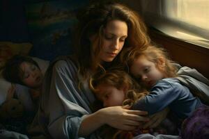 Mutter mit zwei Kinder Schlafen im Bett beim heim. das Konzept von Familie Beziehungen. ai generiert Profi Foto
