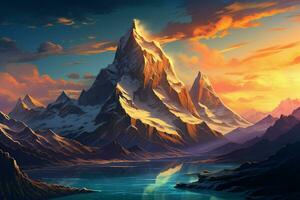 Fantasie Landschaft mit Berge und Wolken. 3d Illustration. Digital malen. ai generiert Profi Foto