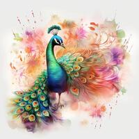 schön Pfau mit bunt Gefieder auf Blumen- Hintergrund. bunt Pfau auf Aquarell Spritzen Hintergrund. ai generiert Profi Foto