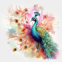 schön Pfau mit bunt Gefieder auf Blumen- Hintergrund. bunt Pfau auf Aquarell Spritzen Hintergrund. ai generiert Profi Foto