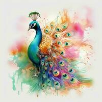 schön Pfau mit bunt Gefieder auf Blumen- Hintergrund. bunt Pfau auf Aquarell Spritzen Hintergrund. ai generiert Profi Foto