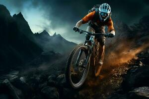Berg Fahrrad Fahrer im das Berge. Sport und aktiv Leben Konzept. ai generiert Profi Foto