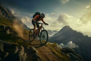 Berg Fahrrad Fahrer im das Berge. Sport und aktiv Leben Konzept. ai generiert Profi Foto