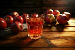 Glas von Apfel Saft und reif Äpfel auf hölzern Tabelle gegen natürlich Hintergrund. ai generiert Profi Foto