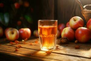 Glas von Apfel Saft und reif Äpfel auf hölzern Tabelle gegen natürlich Hintergrund. ai generiert Profi Foto