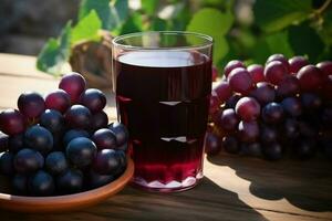 Glas von rot Wein mit Trauben auf ein hölzern Tabelle im das Weinberg. ai generiert Profi Foto