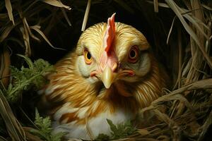 Hühner im das Nest mit Eier, Nahansicht. ai generiert Smartphone mit Laden Kabel auf das Tisch. ai generiert foto