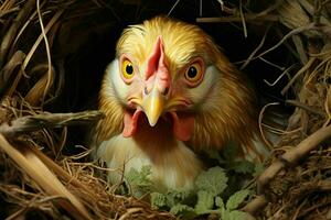 Hühner im das Nest mit Eier, Nahansicht. ai generiert Smartphone mit Laden Kabel auf das Tisch. ai generiert foto