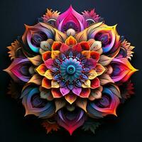 schön Mandala Blume, bunt fraktal Mandala auf schwarz Hintergrund. psychedelisch Digital Kunst. 3d Wiedergabe. ai generiert Profi Foto