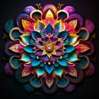 schön Mandala Blume, bunt fraktal Mandala auf schwarz Hintergrund. psychedelisch Digital Kunst. 3d Wiedergabe. ai generiert Profi Foto