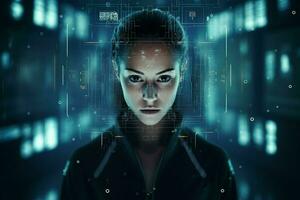 Porträt von ein futuristisch Frau mit ein virtuell Bildschirm im das Hintergrund. ai generiert Profi Foto
