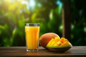 Glas von Mango Saft auf hölzern Hintergrund. gesund trinken. ai generiert Profi Foto