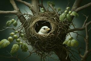 Vogel im das Nest auf das Baum. 3d Wiedergabe. Jahrgang Stil. ai generiert Profi Foto