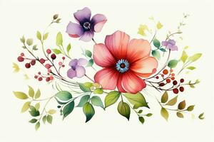 Gruß Karte mit Aquarell Blumen handgefertigt. bunt Aquarell Blumen- Strauß auf Weiß Hintergrund, Jahrgang Stil. ai generiert foto