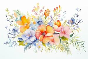 Gruß Karte mit Aquarell Blumen handgefertigt. bunt Aquarell Blumen- Strauß auf Weiß Hintergrund, Jahrgang Stil. ai generiert foto