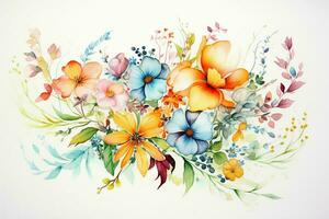 Gruß Karte mit Aquarell Blumen handgefertigt. bunt Aquarell Blumen- Strauß auf Weiß Hintergrund, Jahrgang Stil. ai generiert foto