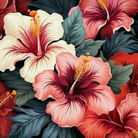 tropisch Hibiskus Blumen und Palme Blätter Hintergrund. ai generiert kostenlos Foto