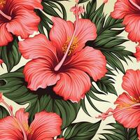 tropisch Hibiskus Blumen und Palme Blätter Hintergrund. ai generiert kostenlos Foto
