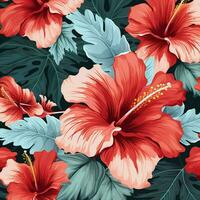 tropisch Hibiskus Blumen und Palme Blätter Hintergrund. ai generiert kostenlos Foto