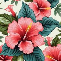 tropisch Hibiskus Blumen und Palme Blätter Hintergrund. ai generiert kostenlos Foto