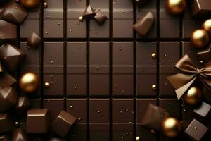Schokolade Bar mit Bogen und Konfetti. 3d Wiedergabe. ai generiert kostenlos Foto