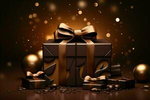 Schokolade Geschenk Kisten mit Bögen und Bänder auf dunkel Hintergrund. ai generiert kostenlos Foto