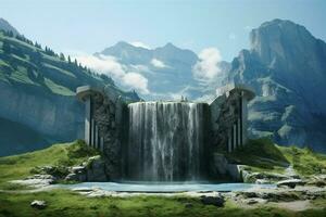 Fantastisch Landschaft mit Wasserfall im das Berge. 3d machen. ai generiert kostenlos Foto
