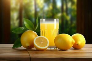 Zitrone Saft im ein Glas mit frisch Zitronen auf ein hölzern Tisch. ai generiert kostenlos Foto