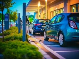 ev elektrisch Auto mit ein niedrig Batterie aufladen beim ein elektrisch Laden station.generativ ai. foto